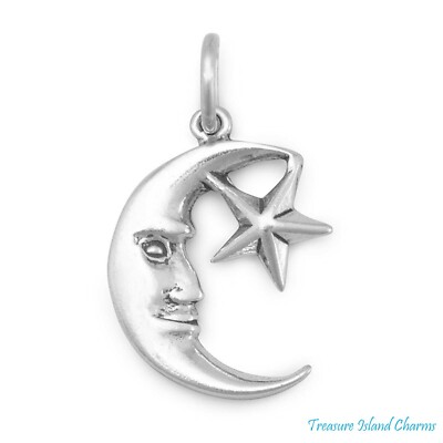 Crescent Moon Face and Star 925 Sterling Silver Charm Pendant MADE IN USA