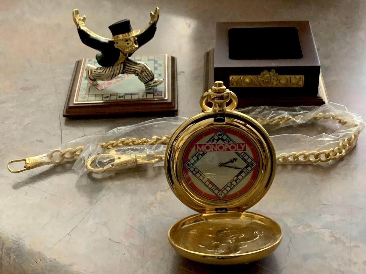 Vintage Rare Monopoly Pocket Watch Franklin Mint With Chain Box Pre-Owened