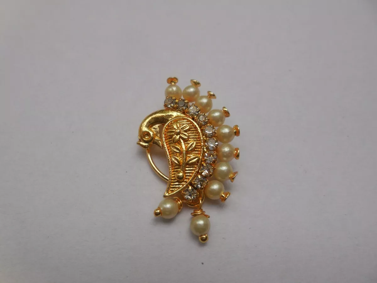 Maharashtrian Nath Nose pin Small Size Traditional Diamond Marathi Nose Stud  non piercing Pearl Gold Plated