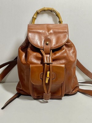 GUCCI Old Leather Mini Backpack Brown Bamboo with Storage 