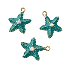 4 Blue Green Enamel AB Crystal Rhinestone Ocean Starfish Gold Bead Drop Charms