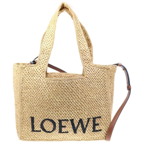 LOEWE Font Mini Raffia 2Way Tote Shoulder Handbag Beige Used Item From Japan F/S
