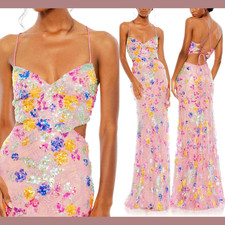 NWT Mac Duggal  0  68067 Embellished Lace Strappy Column Gown Brigh Pink S1304