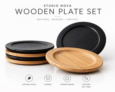 Studio Nova Thailand Wooden Plates Set of 4 Black & Natural Wood Round Serving
