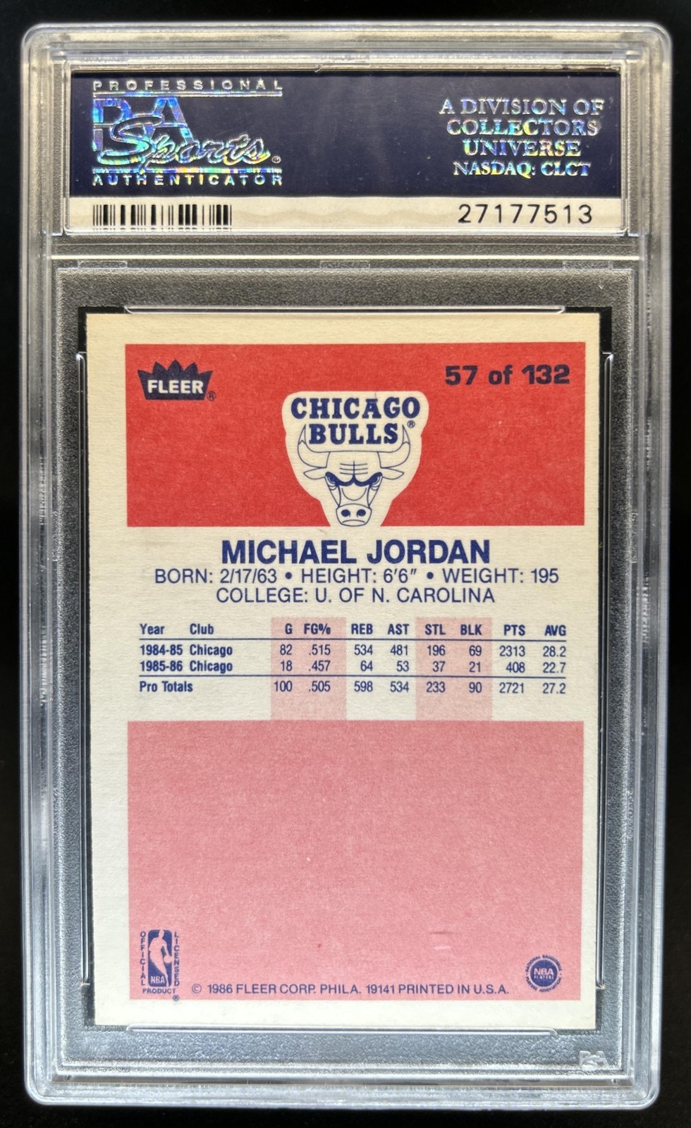 1986-87 Fleer Michael Jordan Rookie RC #57 Bulls PSA 5 view 2