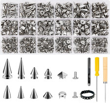 455PCS Punk Spikes and Studs Kit for Clothing, 12 Sizes Premium Metal Cone Spike