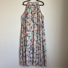 Nine West 2XL Tiered Peasant Tropical Floral Maxi Halter Dress Resort Wear Beach
