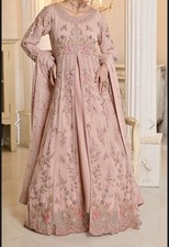 Pink Embroidered Beaded Chiffon Maxi Dress, Floral, Long Sleeve, Wedding/Formal