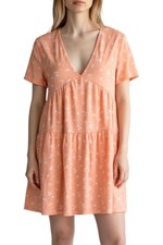 21 Saints Junior's Mini Dress Short Sleeve V-Neck Tiered Size M Orange Floral