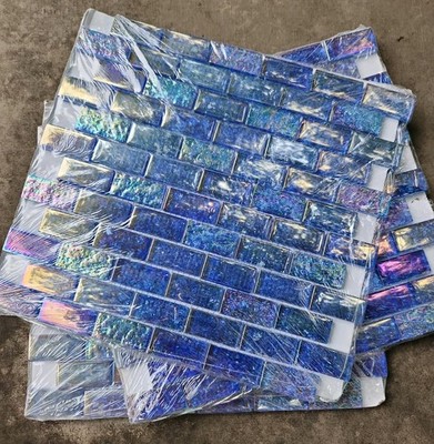 Iridescent Glass Tile  3 Sheets 3 Sq.ft. Blue Brick Mosaic  From Soho Studio New