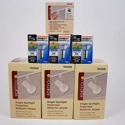 Lot of 3 Portfolio Single Spotlights; 3 PAR20 Lightbulbs; &Mini Inline Connector