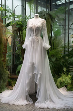 Vintage Mid Century White Ivory Wedding Dresses Long Sleeves Train Bridal Gowns