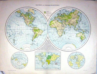 Original alter antiker Druck Karte Westliche Osthalbkugel Afrika Amerika Russland