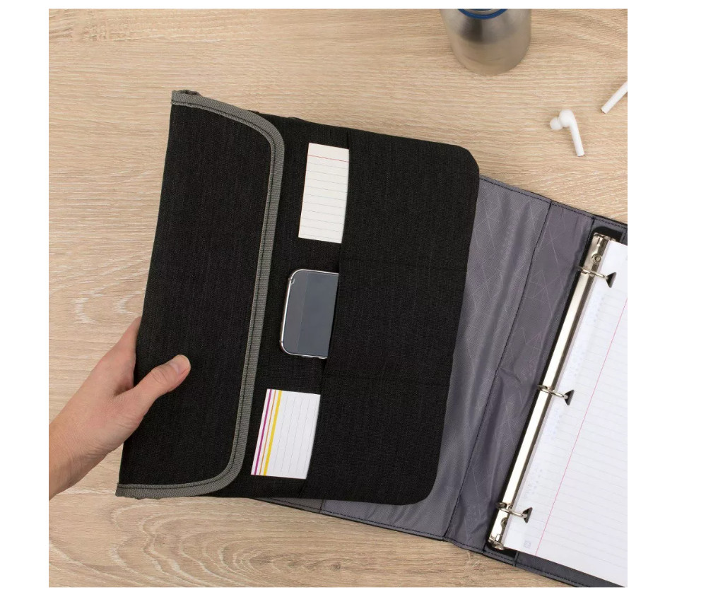 Five Star Deluxe 1" Zipper Binder 3 Ring 8 Pockets 225 Sheet Black Gray