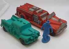Auburn Rubber Fire Truck , Fireman Figure & Green Rescue Truck Vintage 1950's