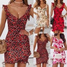 Women Sexy V-Neck Floral Bodycon Dress Sleeveless Holiday Beach Slim Dresses
