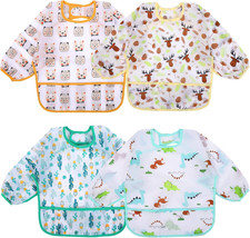 4 Pack Long Sleeve Bibs, Baby Smock Waterproof Full Sleeved Bib for Baby Toddler