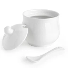 Ceramic Sugar Bowl with Lid and Spoon, Porcelain Salt Storage Jar, White Seasoni