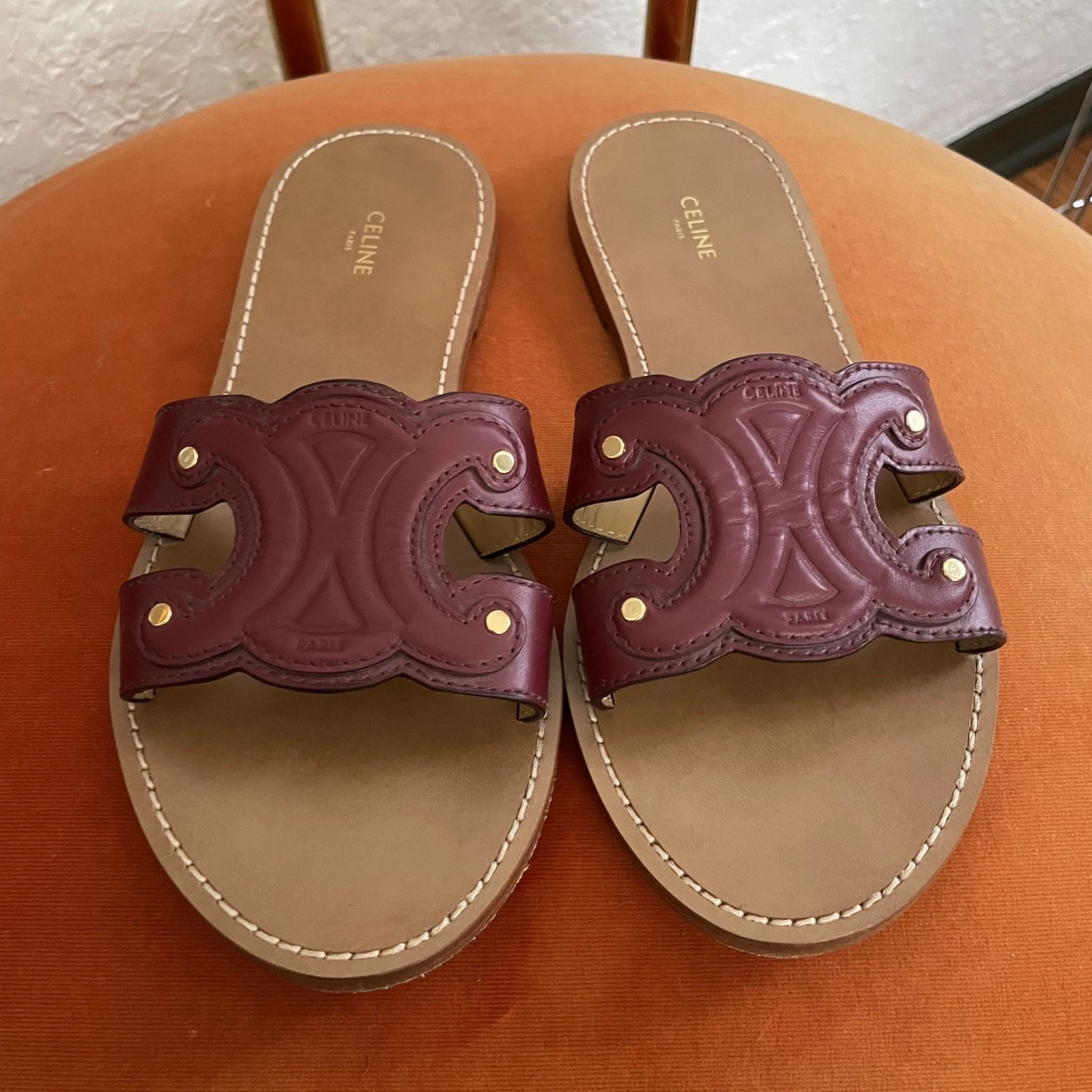 Celine — CELINE Brown Triomphe Leather Logo Accents Flat Sandals Women's Size 39