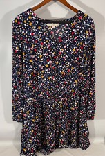 Loft Blue Multi Color Heart Print L/S Tier Bottom Dress Gold Buttons Size M