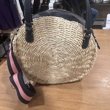 Talbots Backpack Bag Womens Medium Beige Straw Navy Faux Leather Beach Purse