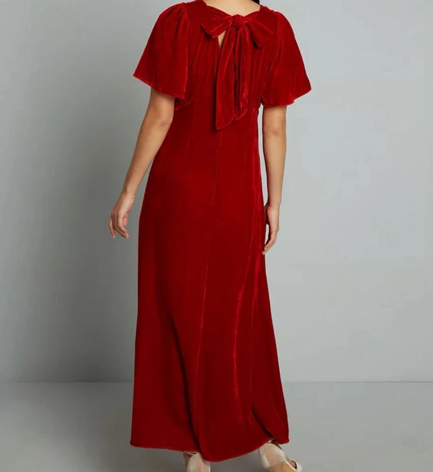 ModCloth Dress Womens M Red Velvet Maxi Tie Back V Neck Flutter Sleeve Holiday - Image 3 of 4