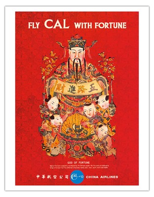 Fly Cal with Fortune - Tsai Shen Yeh God of Wealth - Vintage Travel Poster