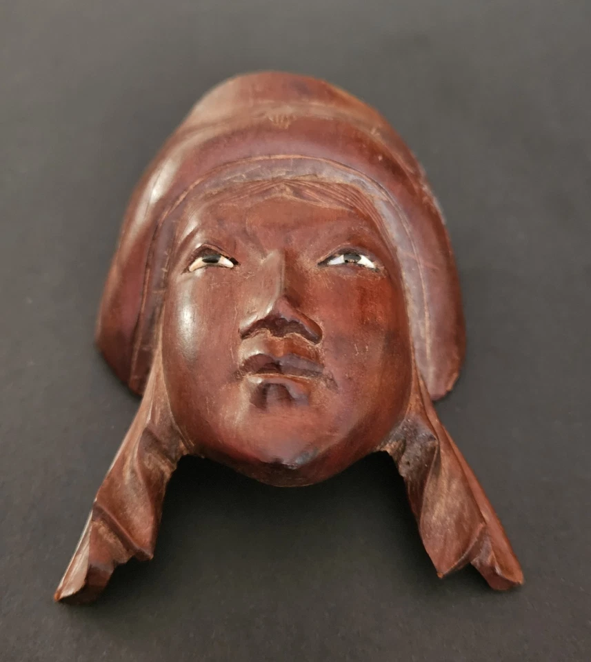 Máscara de madeira chinesa esculpida à mão arte de parede máscara de madeira maciça 4" - Imagem 3 de 4