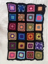 Vtg Handmade Granny Square Afghan Blanket Crochet 74 x 56 Multicolor Black
