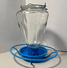 Wild Bird Water Feeder 32oz 4 Cups Clear Glass Jar  Blue Plastic Dish/Perch