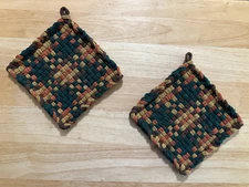 Handmade 2 Cotton Woven Potholders 4 Colors Brown Ochre Gold Spice Pine Fall