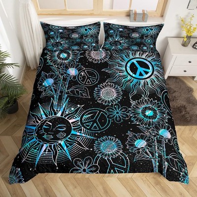 Sun and Moon Duvet Cover Set Queen Size,Peace Sign Boho Hippy Style Bedding S...
