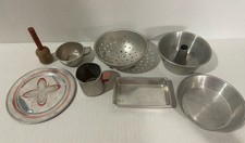 Vintage Aluminum Metal Toy Colander Pans Plate Cups Lot Of 8 Child  s Play