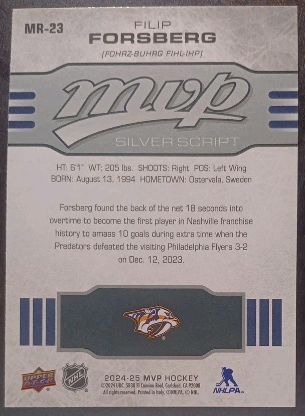 2024 - 2025 Upper Deck MVP Filip Forsberg Silver Script #MR-23