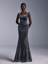 Silver Grey Velvet Stretch Mermaid Style Maxi Evening Dress Wide Straps Size 8