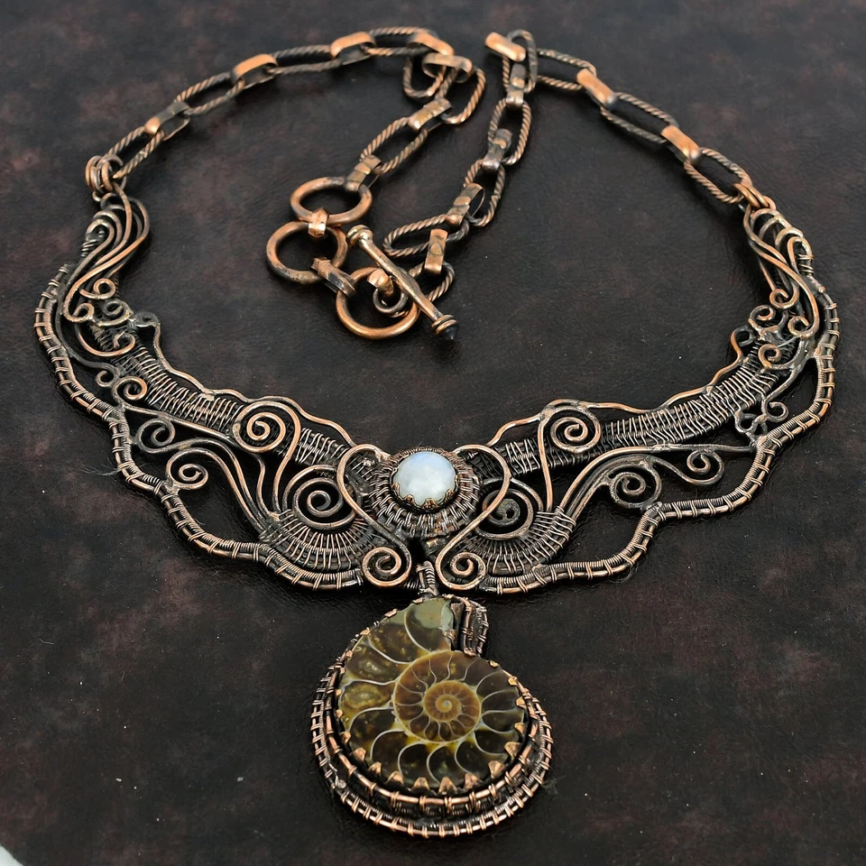 Collar ajustable cadena envuelta en alambre regalo de cobre fósil de amonita para mamá 18,0" Foto 3 de 4