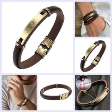 Personalized Engraved Stainless Steel Genuine Leather Bracelet Antique Gold Tone