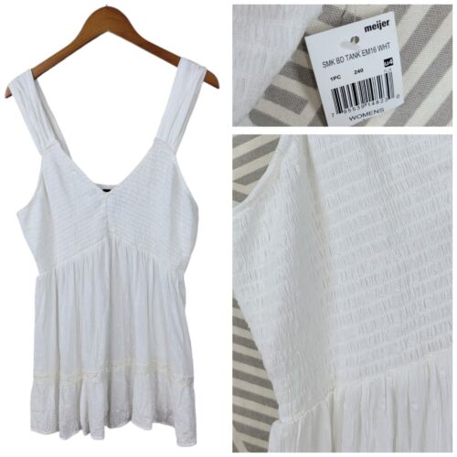 NEW Boho Top Shirred White Tank Plus Size 1X Sleeveless Swiss Dot Lace Trim