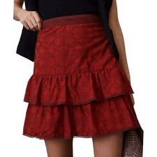 Anthropologie Maeve Floral Burgundy Red Embroidered Pleated Mini Skirt Size 12