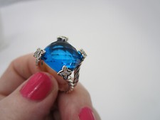 David Yurman Sterling Silver Cushion On Point 14 MM Blue Topaz Diamond Ring