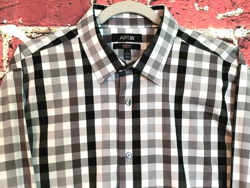 Camisa Apt 9 ajustada elástica manga larga negra blanca gris a cuadros 17 34/35 nueva sin etiquetas - Imagen 2 de 11