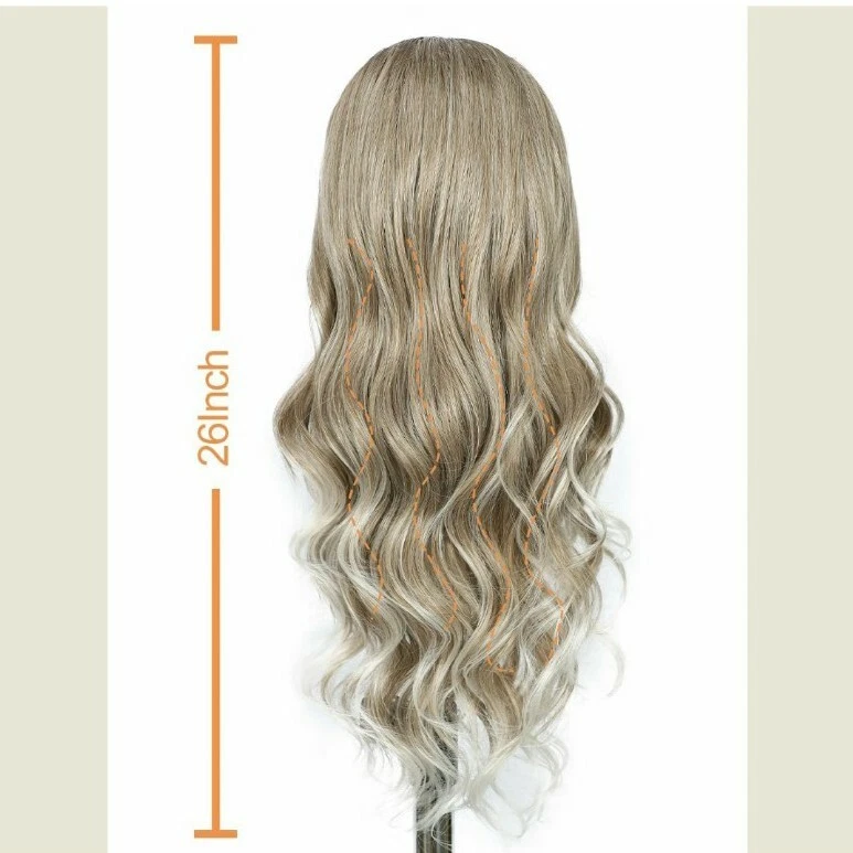 HD Lace Front Wig Human Hair Blend Highlights Wavy Curly Platinum Ash blonde - Image 4 of 4