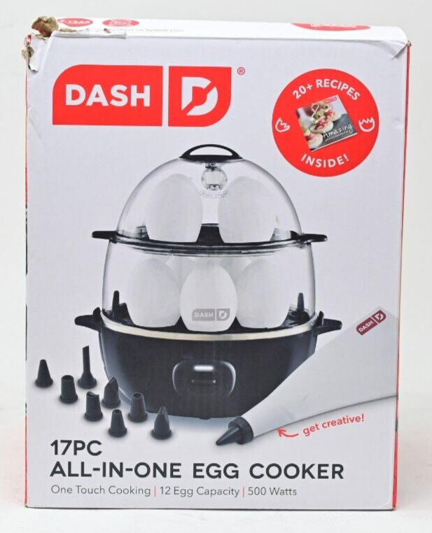 17-Piece Dash Egg Cooker & Steamer with 12-Egg Capacity, Piping Bag, and Recipes