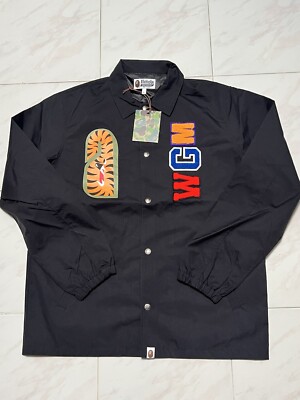 A BATHING APE Bape Men L Black Shark Varsity Coach Snap Button Jacket New Rare