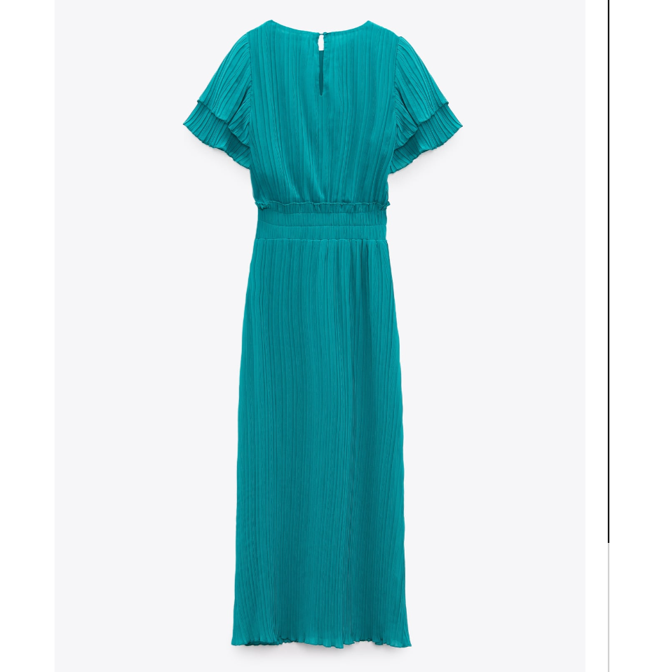 New Zara Women midi Short Sleeve Pleated Dress Turquoise Size XS NWT