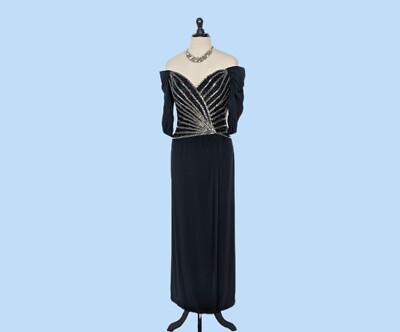 Vintage 90s Bob Mackie Evening Gown, 1990s Off-the-Shoulder Black Beaded  Gown | eBay