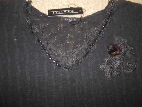 NWT Panilli Large Black Beaded Lace Mink Fur Accent Sweater Beautiful VNeck - Foto 2 di 3