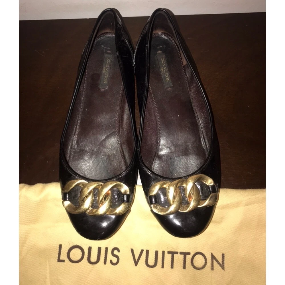 LOUIS VUITTON PATENT LEATHER DARK PURPLE BALLET FLATS GOLD CHAIN SHOES SIZE  37