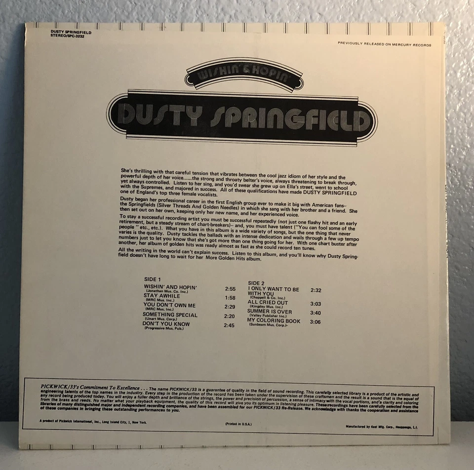 Dusty Springfiled Wishin' & Hopin'  [Vinyl LP] - Image 2 of 4