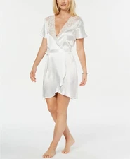 NWT! Linea Donatella Sz S/M Juliet Satin Lace Short Wrap Robe Ivory JLT031